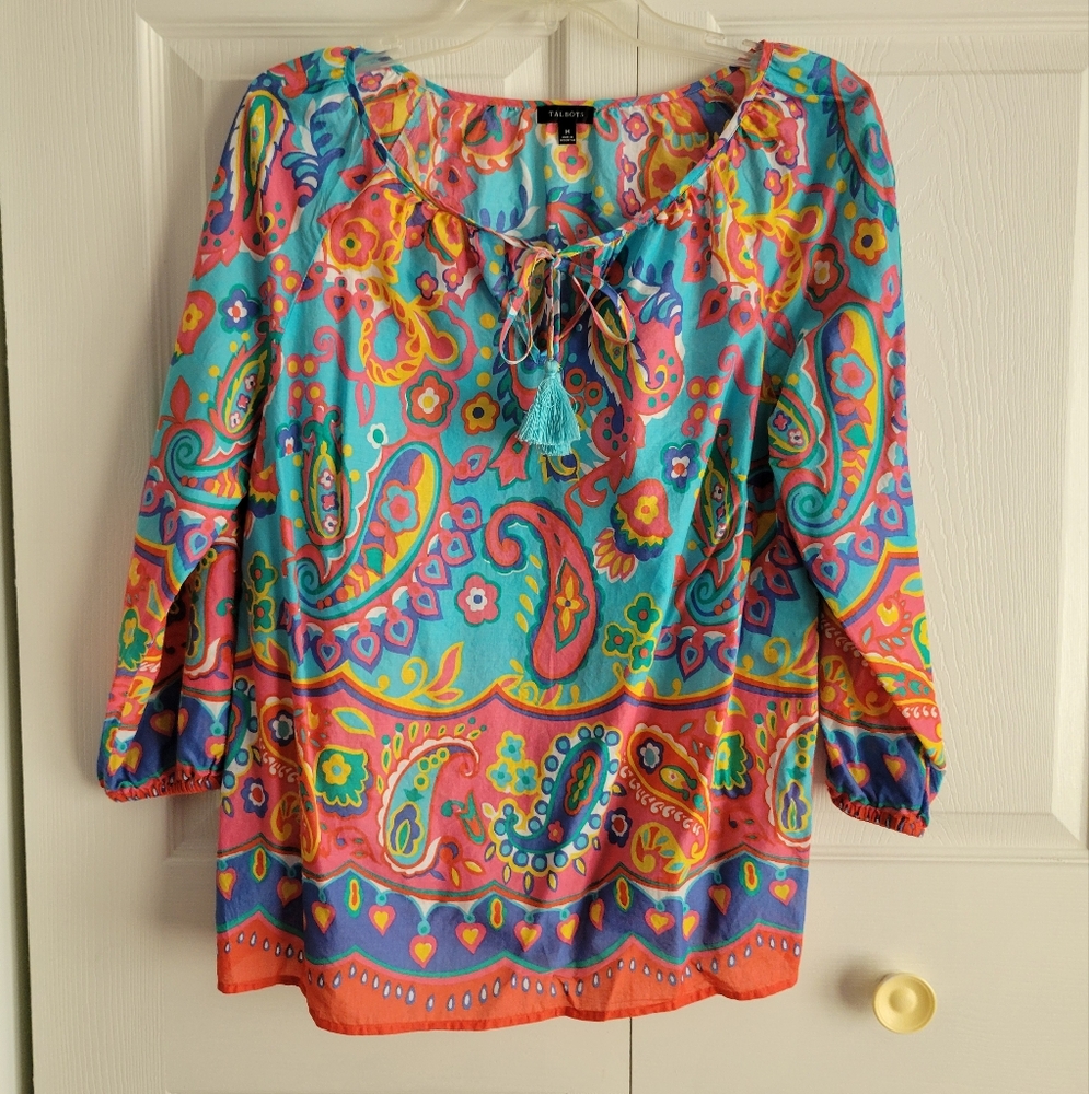 Beautiful, Fun And Festive Talbots Paisley Top With Tassel Tie